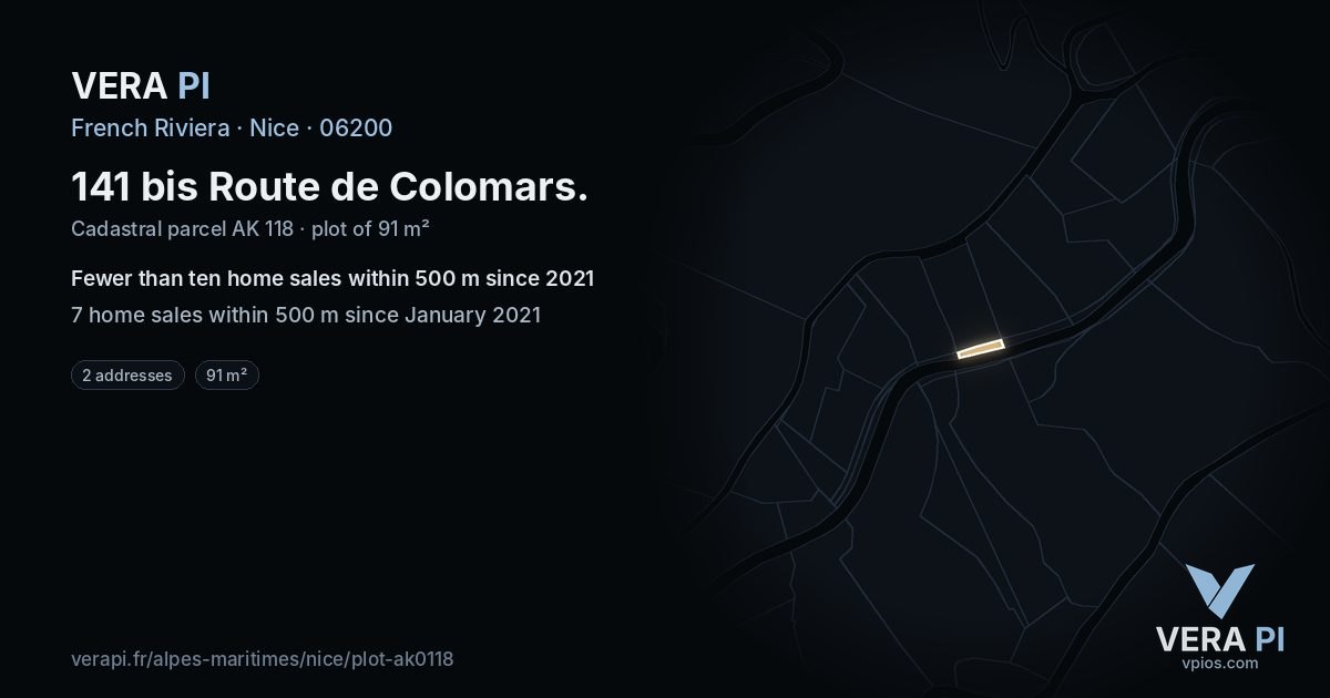141 bis Route de Colomars, Nice at night – the plot lit, the parcels around coloured by the prices near them