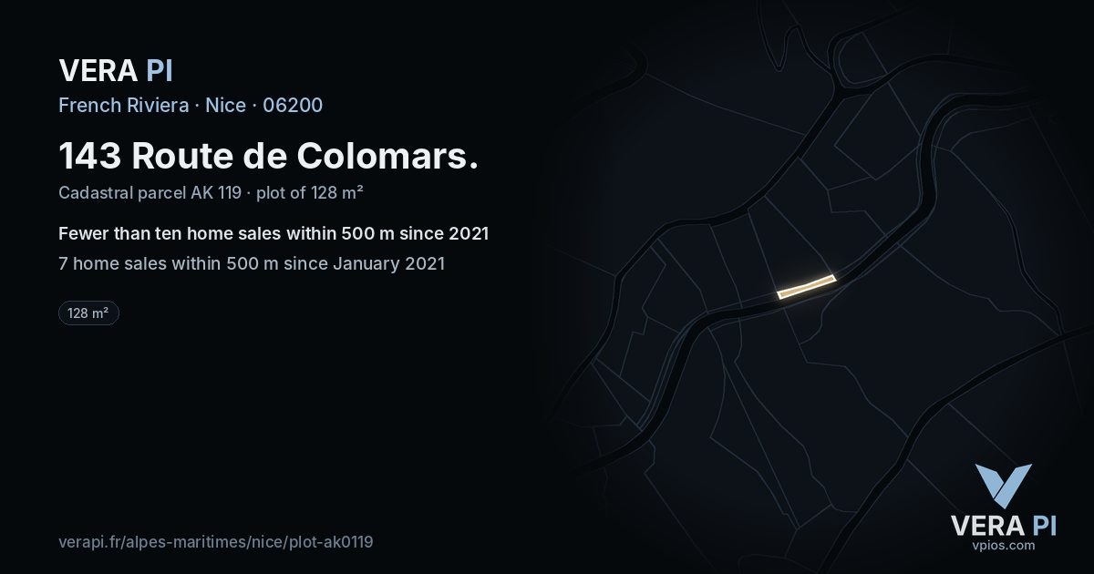 143 Route de Colomars, Nice at night – the plot lit, the parcels around coloured by the prices near them