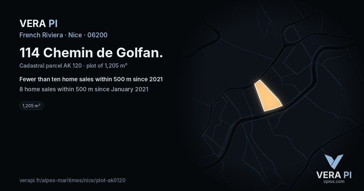 114 Chemin de Golfan, Nice at night – the plot lit, the parcels around coloured by the prices near them