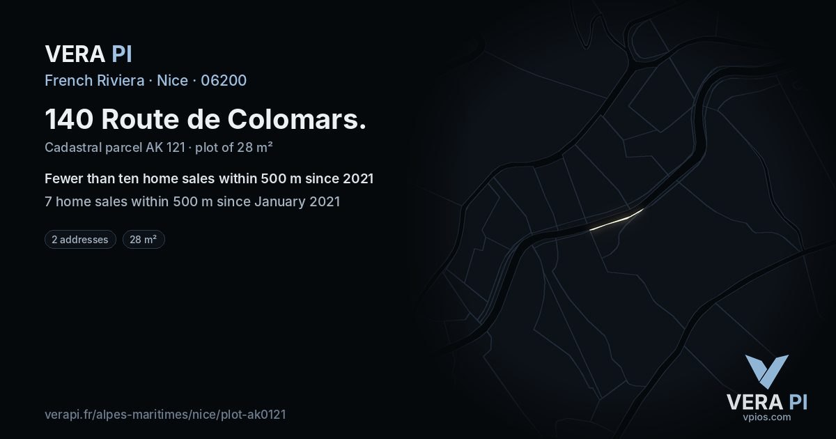 140 Route de Colomars, Nice at night – the plot lit, the parcels around coloured by the prices near them
