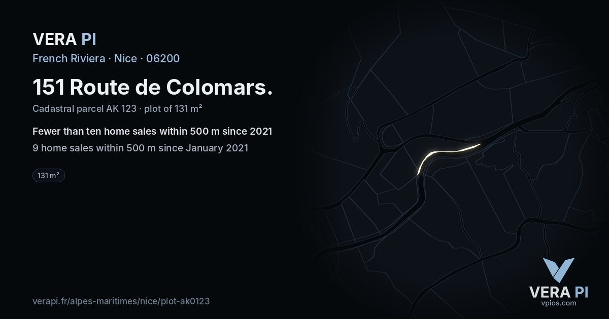 151 Route de Colomars, Nice at night – the plot lit, the parcels around coloured by the prices near them