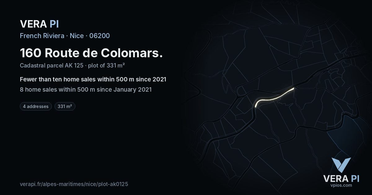 160 Route de Colomars, Nice at night – the plot lit, the parcels around coloured by the prices near them
