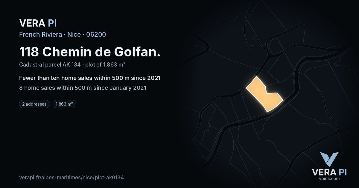 118 Chemin de Golfan, Nice at night – the plot lit, the parcels around coloured by the prices near them