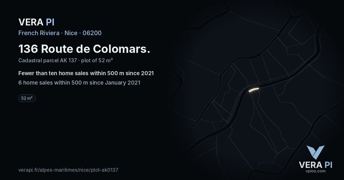 136 Route de Colomars, Nice at night – the plot lit, the parcels around coloured by the prices near them