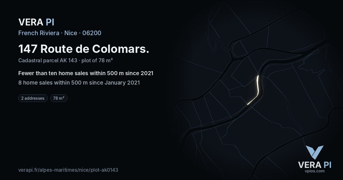 147 Route de Colomars, Nice at night – the plot lit, the parcels around coloured by the prices near them