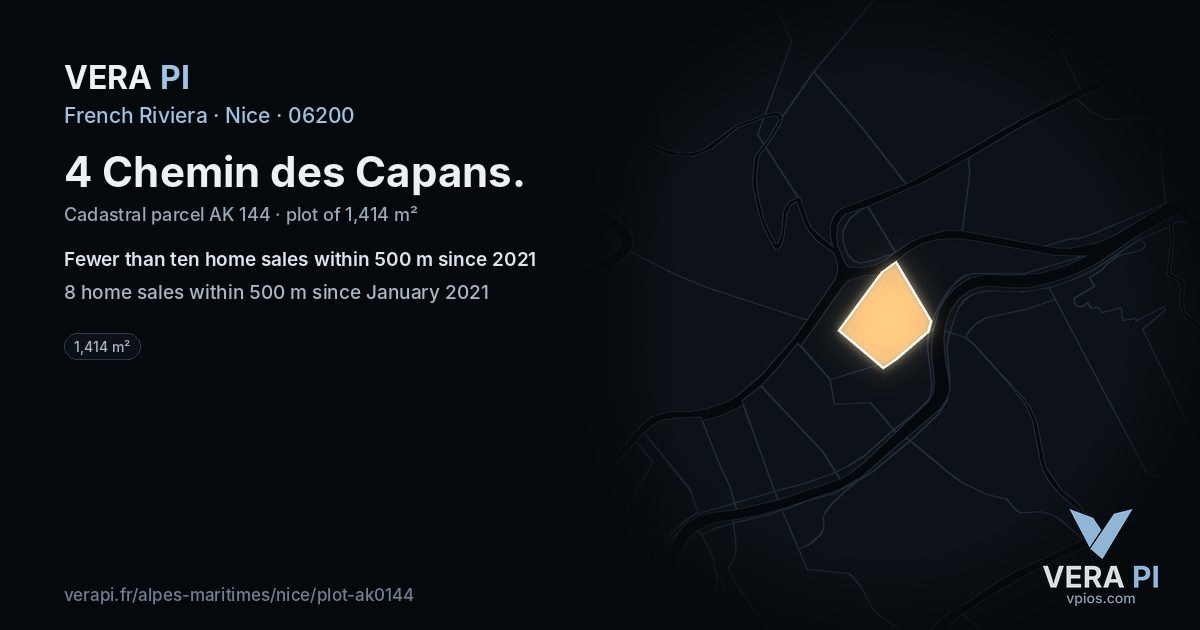 4 Chemin des Capans, Nice at night – the plot lit, the parcels around coloured by the prices near them