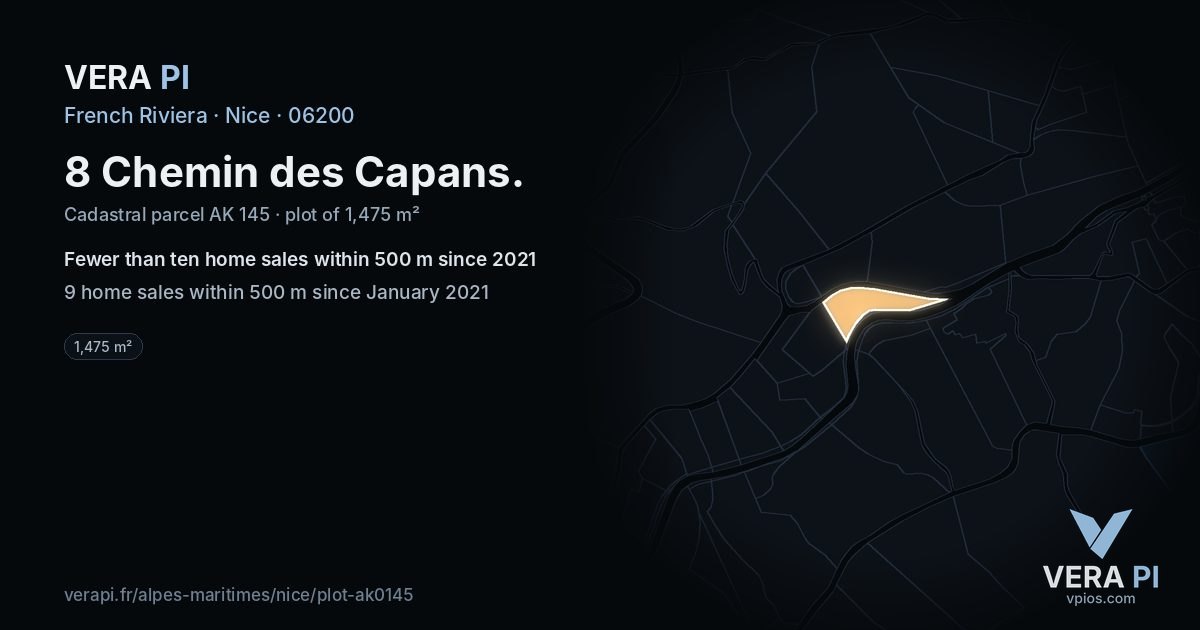 8 Chemin des Capans, Nice at night – the plot lit, the parcels around coloured by the prices near them