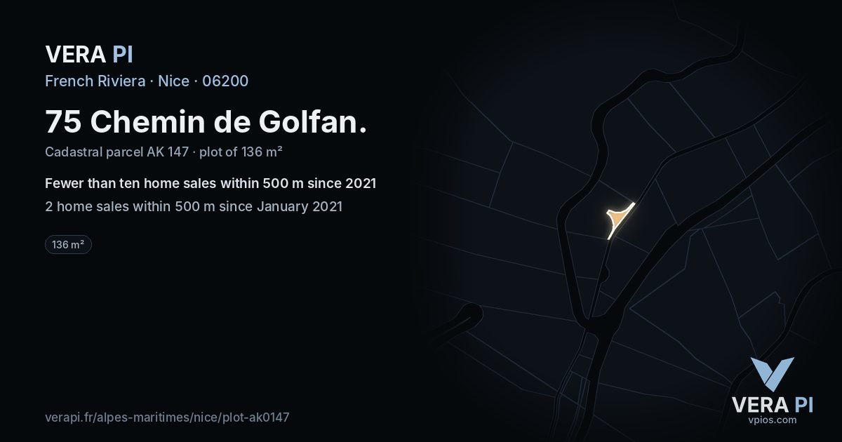 75 Chemin de Golfan, Nice at night – the plot lit, the parcels around coloured by the prices near them