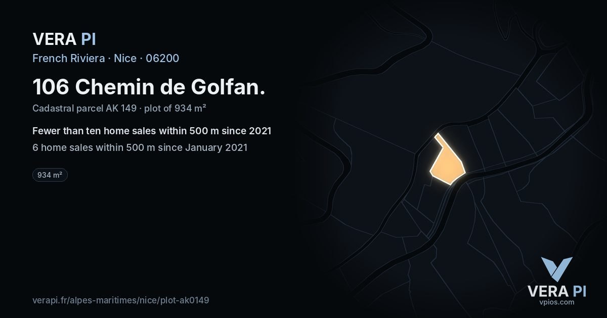 106 Chemin de Golfan, Nice at night – the plot lit, the parcels around coloured by the prices near them