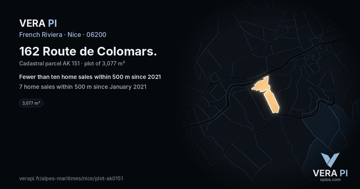 162 Route de Colomars, Nice at night – the plot lit, the parcels around coloured by the prices near them