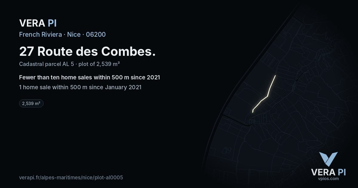 27 Route des Combes, Nice at night – the plot lit, the parcels around coloured by the prices near them