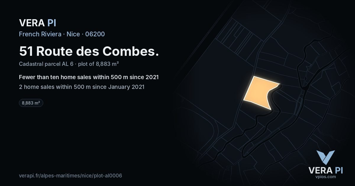 51 Route des Combes, Nice at night – the plot lit, the parcels around coloured by the prices near them