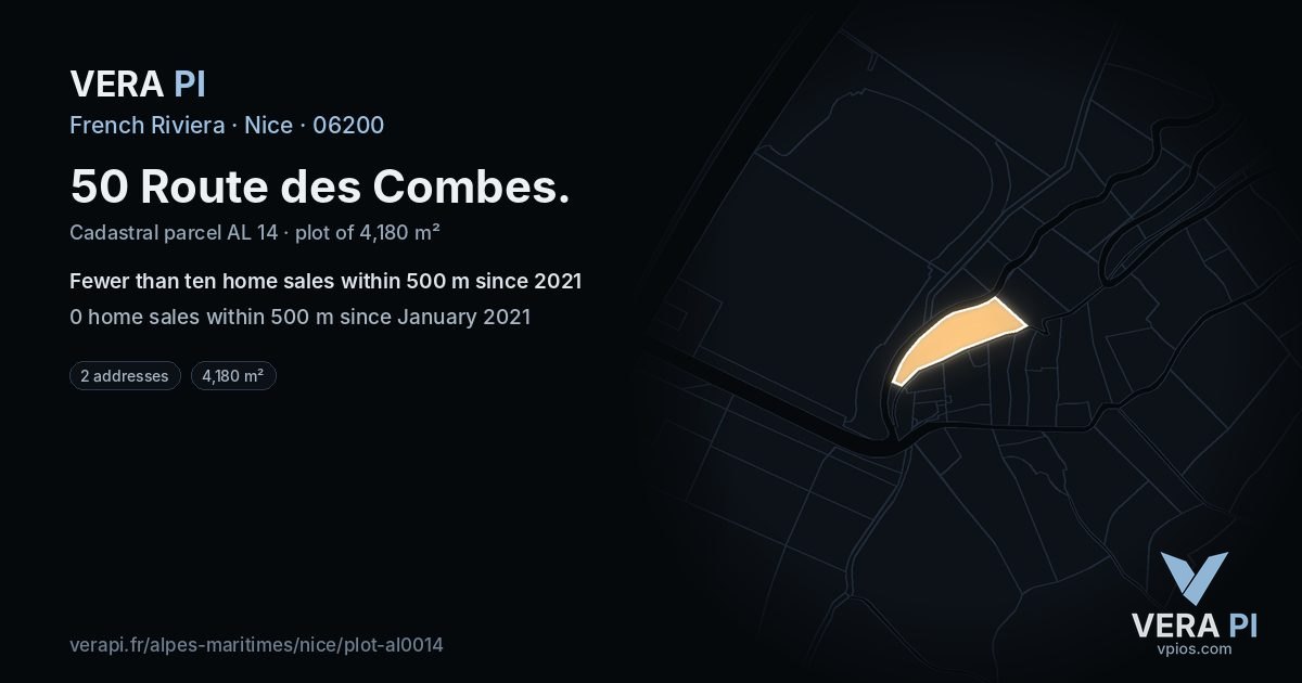 50 Route des Combes, Nice at night – the plot lit, the parcels around coloured by the prices near them
