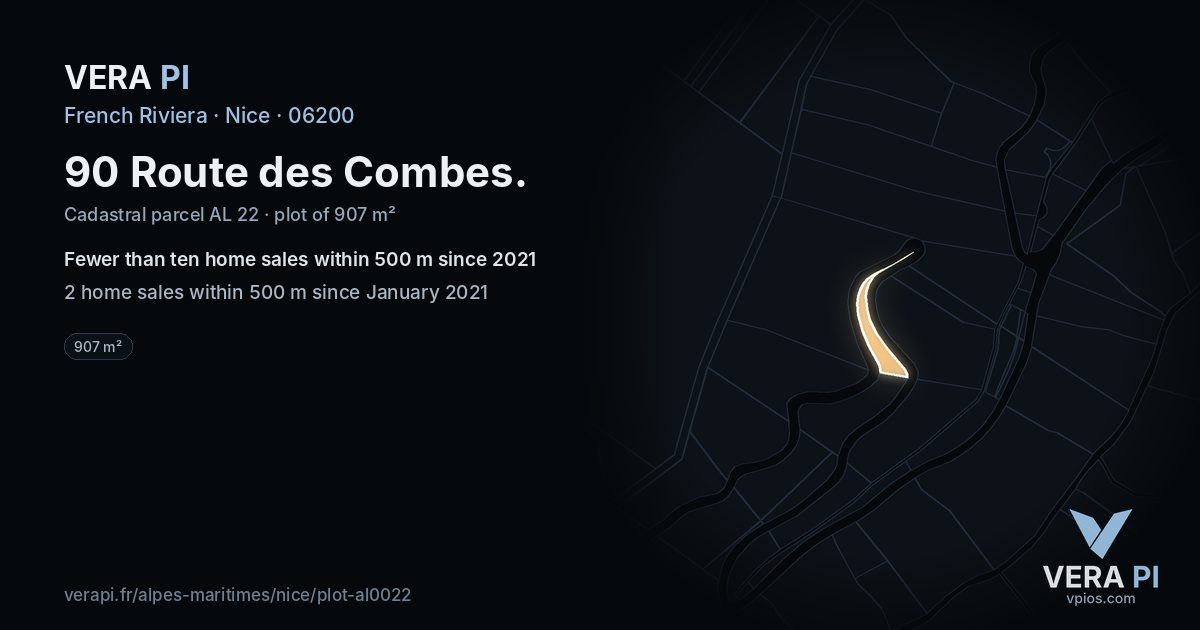 90 Route des Combes, Nice at night – the plot lit, the parcels around coloured by the prices near them