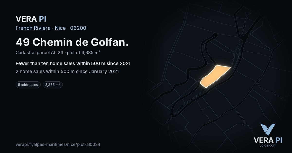 49 Chemin de Golfan, Nice at night – the plot lit, the parcels around coloured by the prices near them