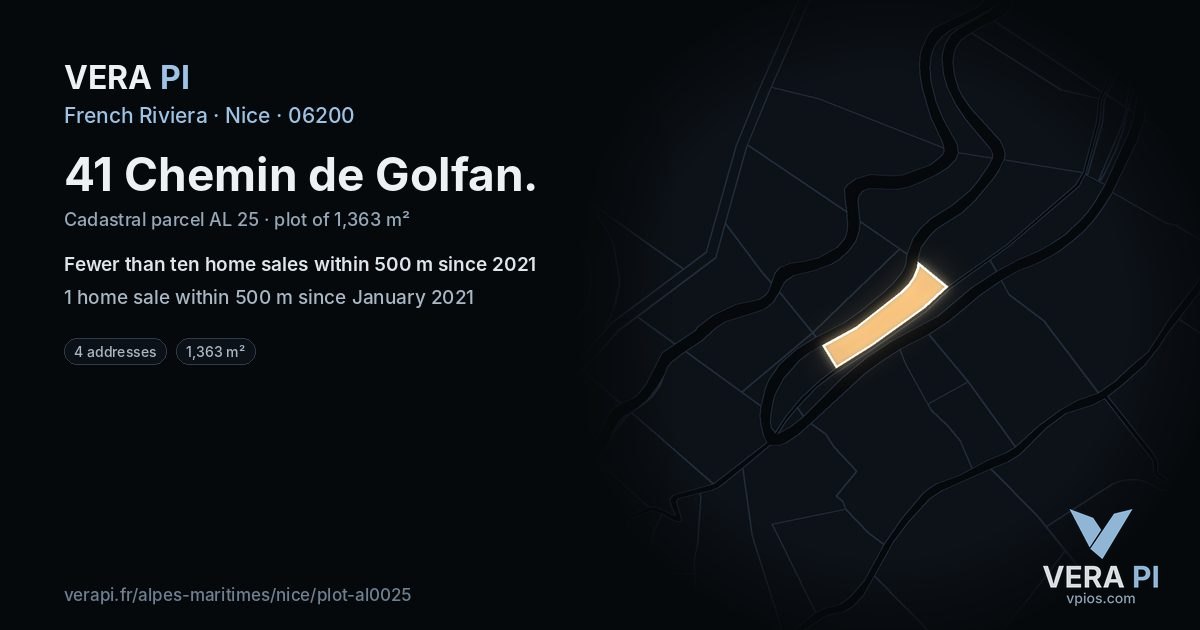 41 Chemin de Golfan, Nice at night – the plot lit, the parcels around coloured by the prices near them