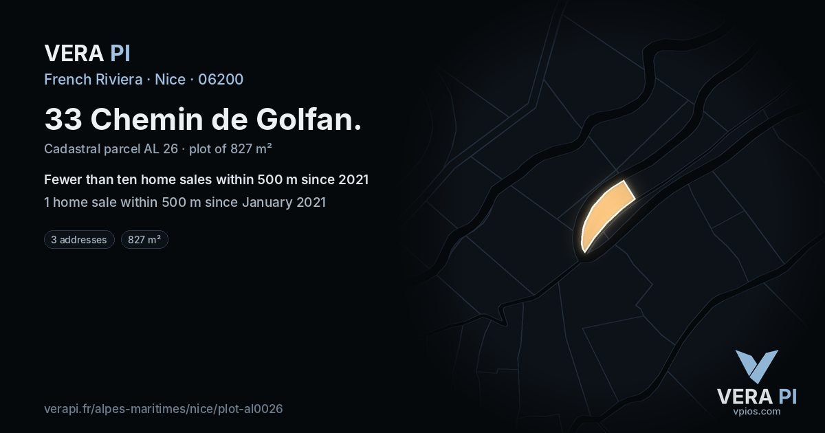 33 Chemin de Golfan, Nice at night – the plot lit, the parcels around coloured by the prices near them