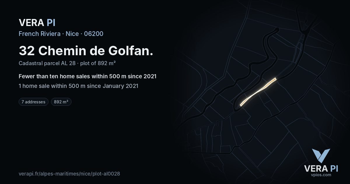 32 Chemin de Golfan, Nice at night – the plot lit, the parcels around coloured by the prices near them