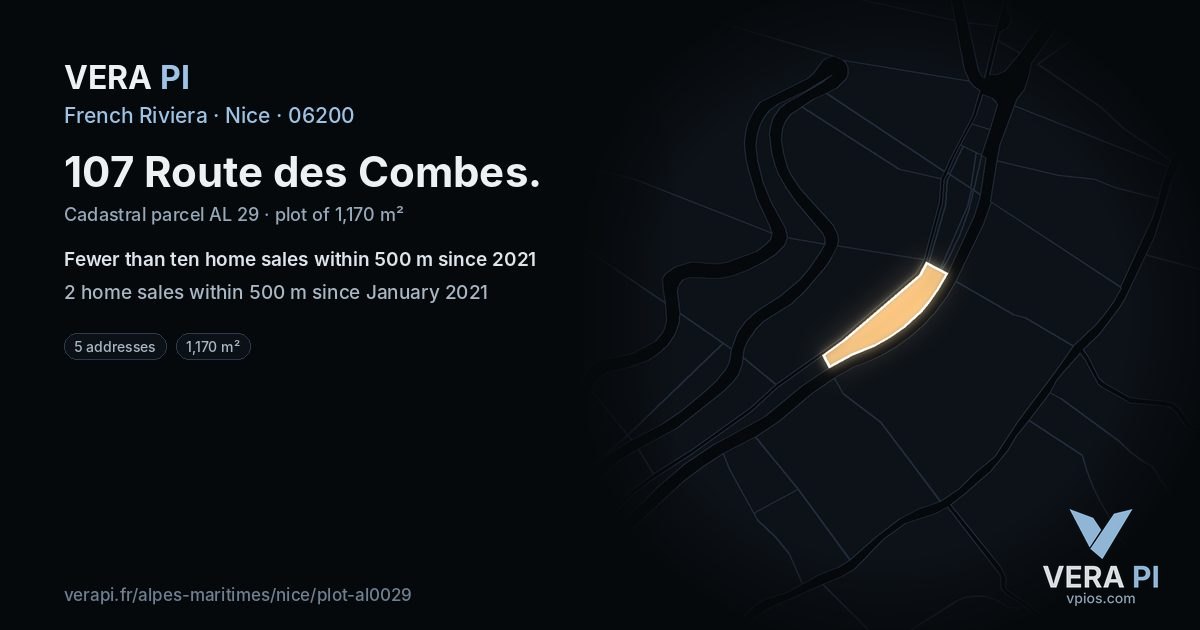107 Route des Combes, Nice at night – the plot lit, the parcels around coloured by the prices near them