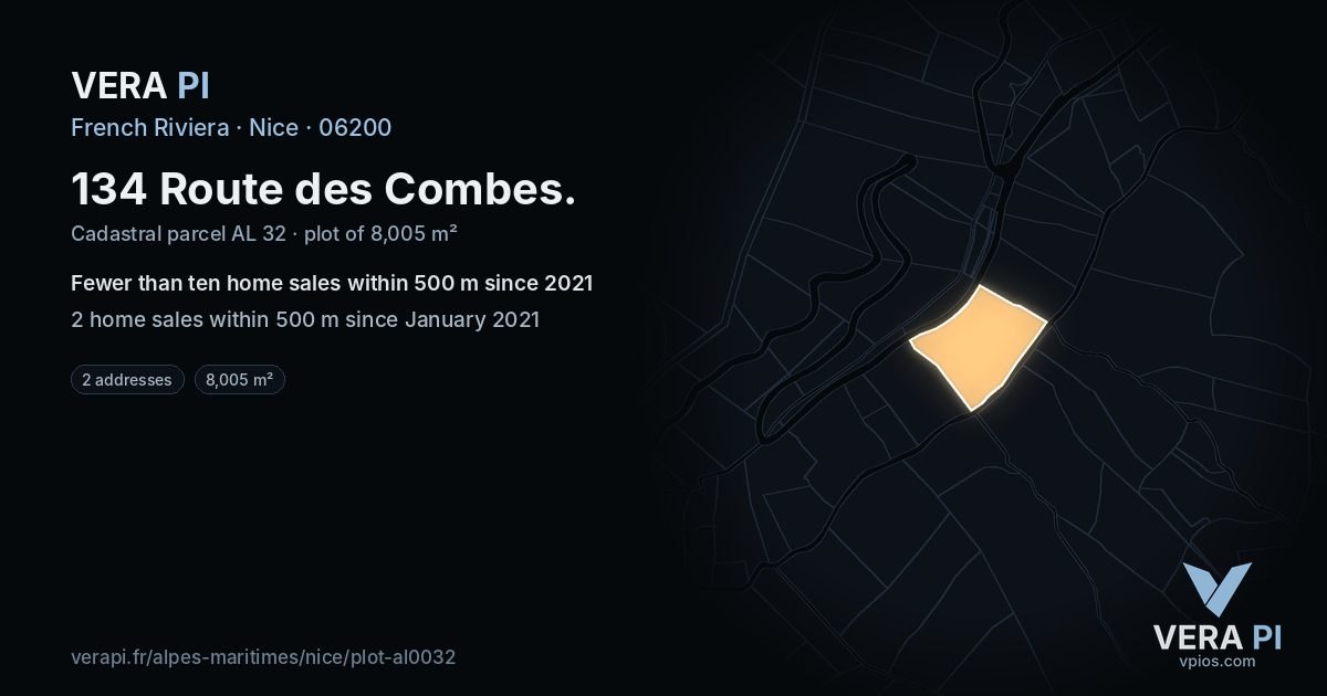 134 Route des Combes, Nice at night – the plot lit, the parcels around coloured by the prices near them