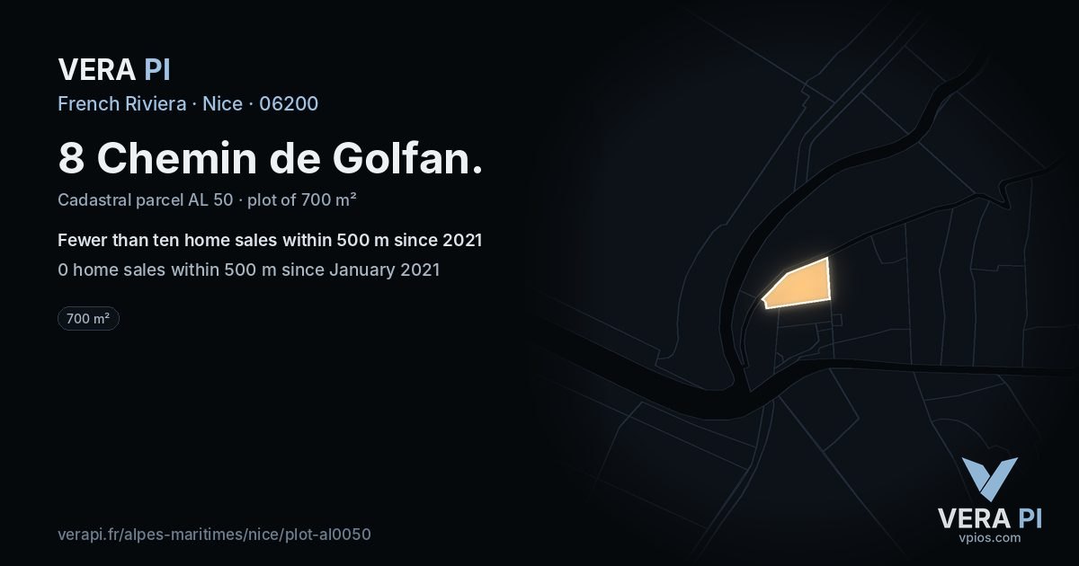 8 Chemin de Golfan, Nice at night – the plot lit, the parcels around coloured by the prices near them