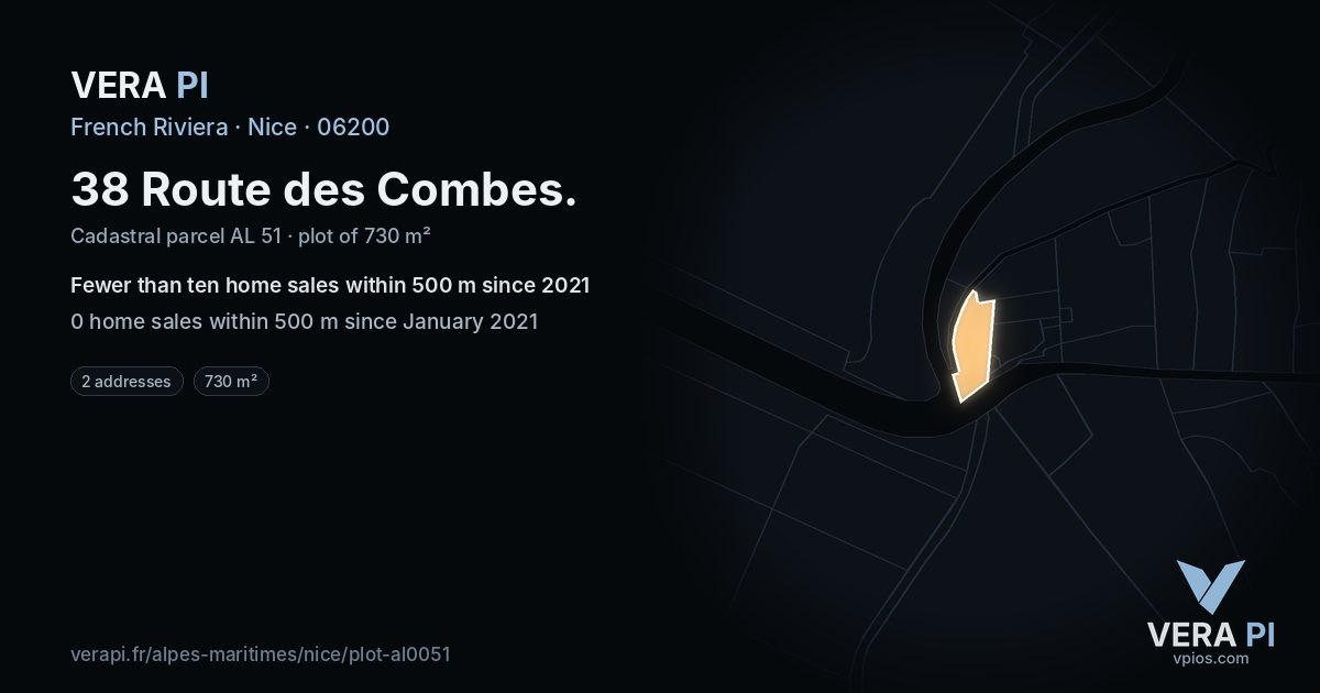 38 Route des Combes, Nice at night – the plot lit, the parcels around coloured by the prices near them