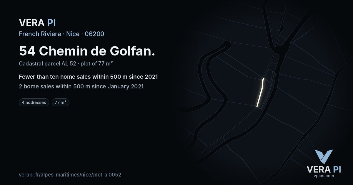 54 Chemin de Golfan, Nice at night – the plot lit, the parcels around coloured by the prices near them