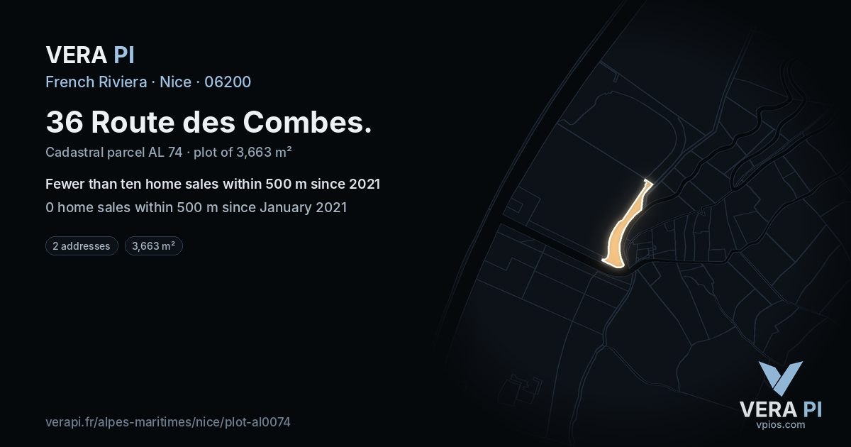 36 Route des Combes, Nice at night – the plot lit, the parcels around coloured by the prices near them