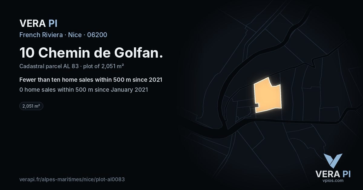 10 Chemin de Golfan, Nice at night – the plot lit, the parcels around coloured by the prices near them