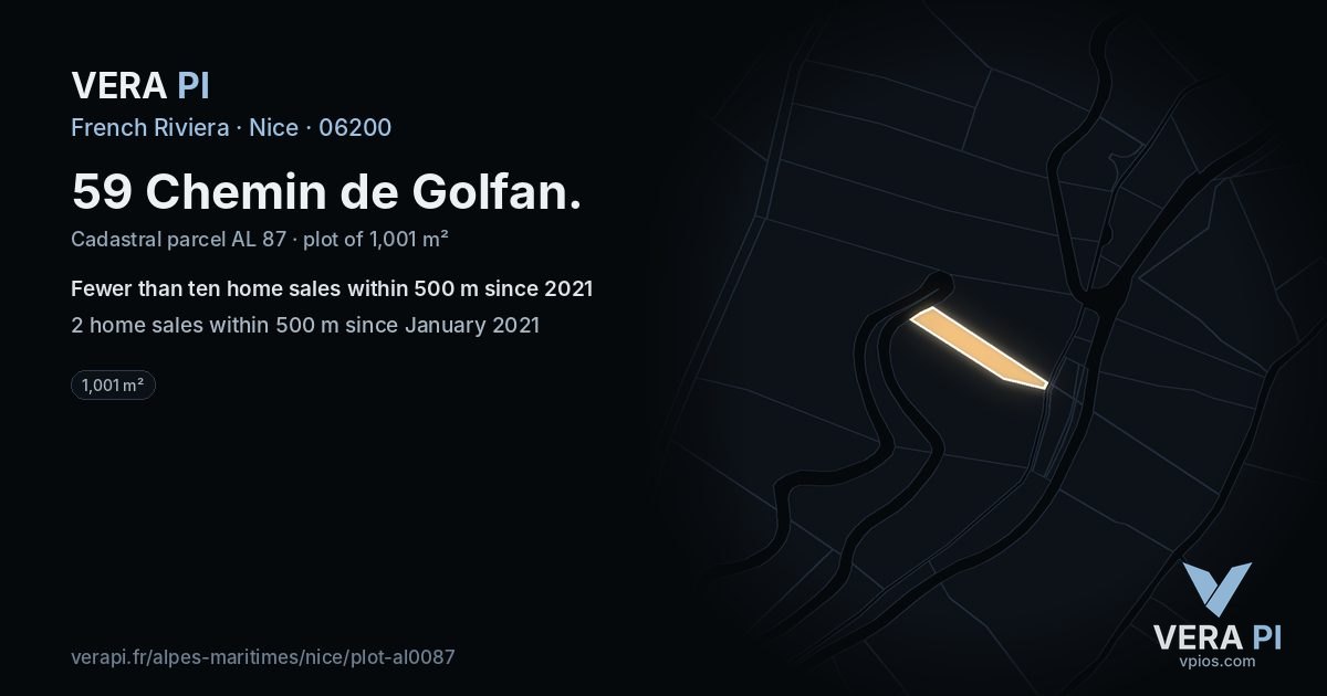 59 Chemin de Golfan, Nice at night – the plot lit, the parcels around coloured by the prices near them