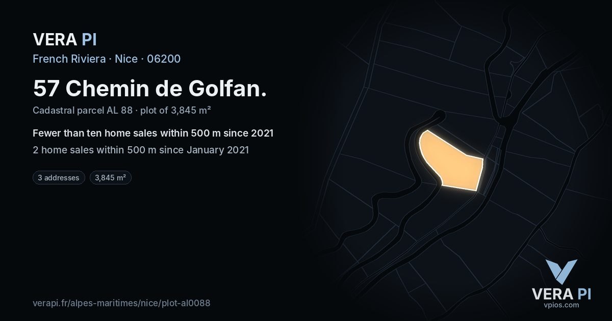 57 Chemin de Golfan, Nice at night – the plot lit, the parcels around coloured by the prices near them