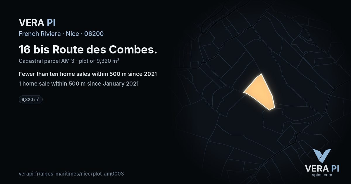 16 bis Route des Combes, Nice at night – the plot lit, the parcels around coloured by the prices near them