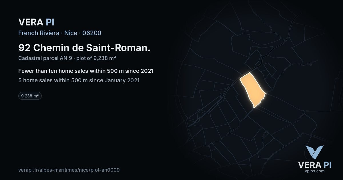 92 Chemin de Saint-Roman, Nice at night – the plot lit, the parcels around coloured by the prices near them