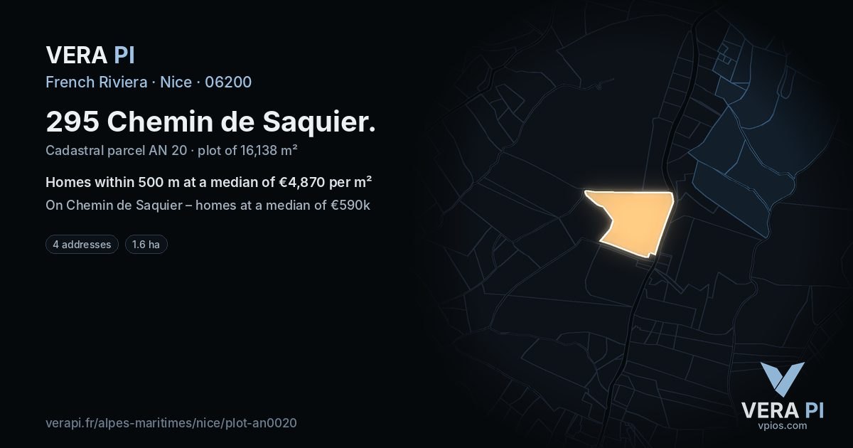 295 Chemin de Saquier, Nice at night – the plot lit, the parcels around coloured by the prices near them