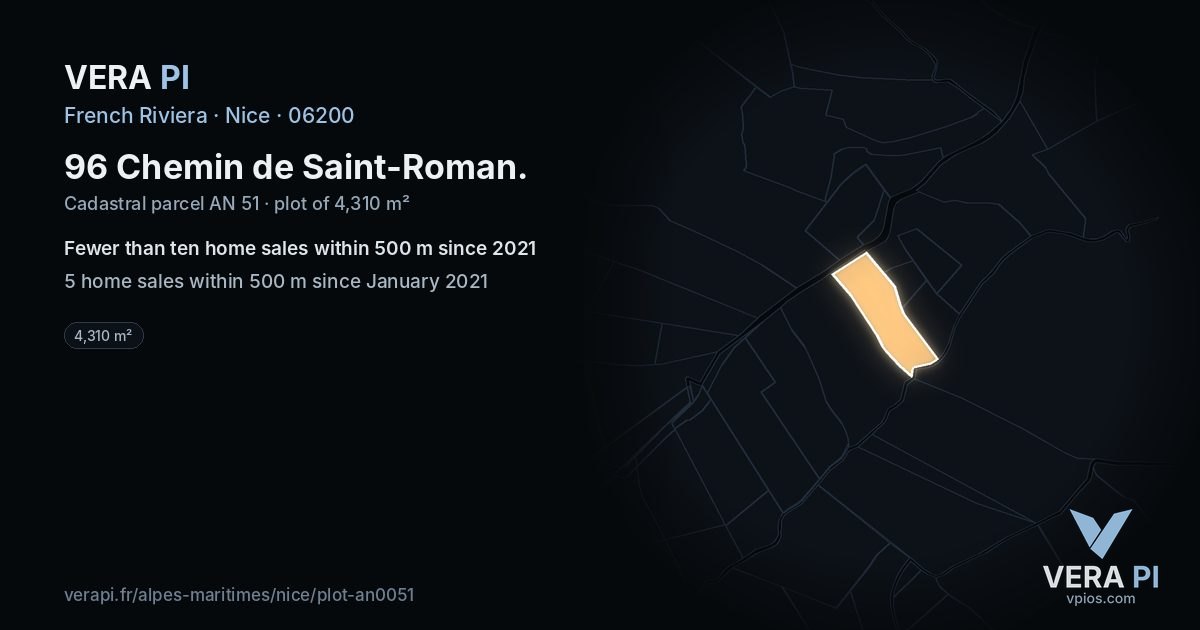 96 Chemin de Saint-Roman, Nice at night – the plot lit, the parcels around coloured by the prices near them