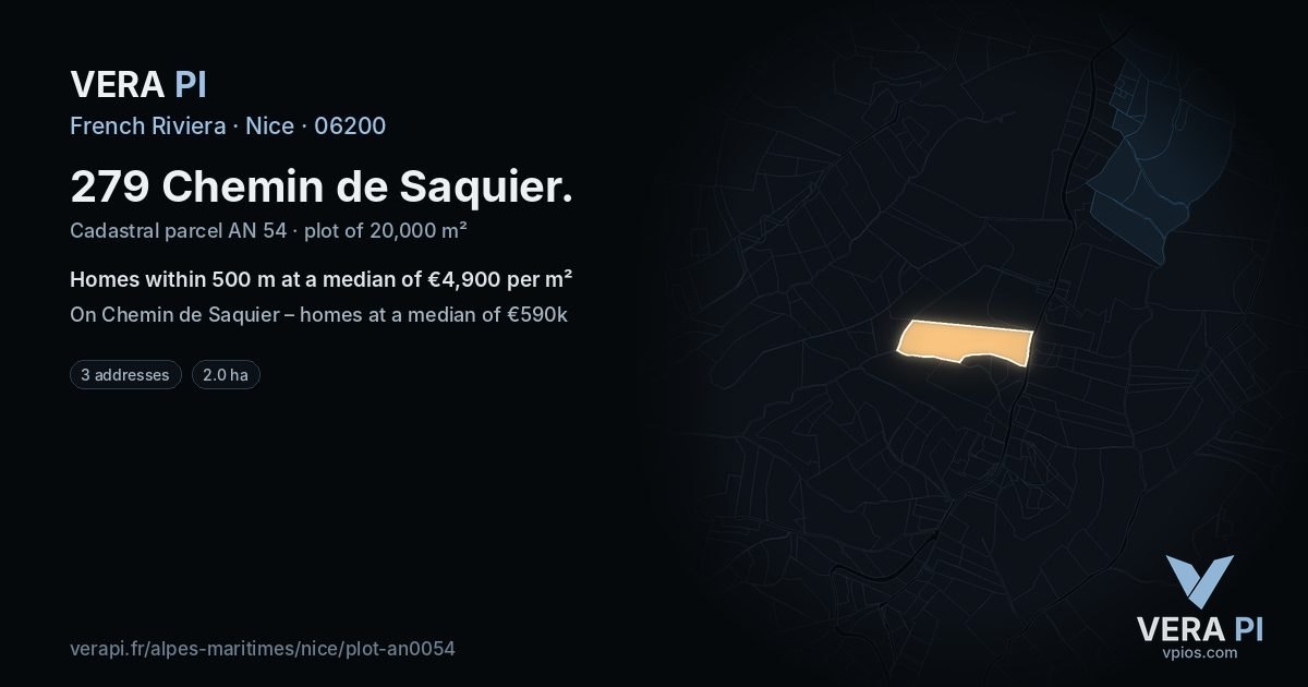 279 Chemin de Saquier, Nice at night – the plot lit, the parcels around coloured by the prices near them