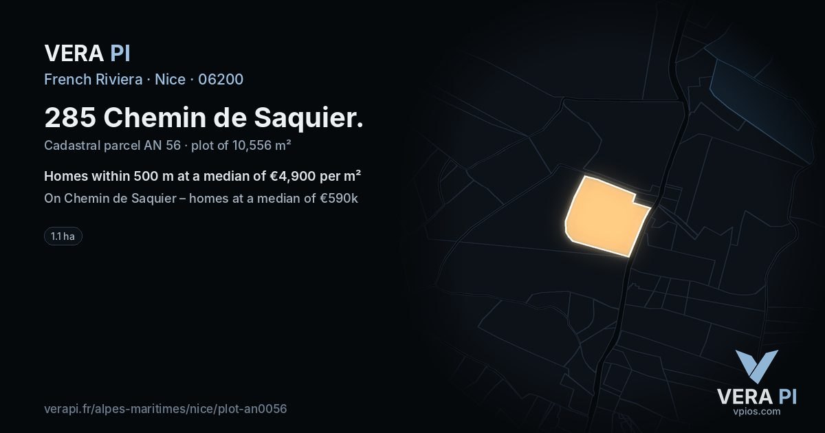 285 Chemin de Saquier, Nice at night – the plot lit, the parcels around coloured by the prices near them