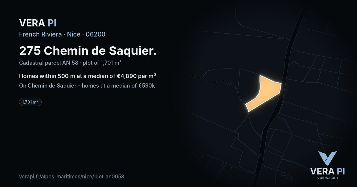275 Chemin de Saquier, Nice at night – the plot lit, the parcels around coloured by the prices near them