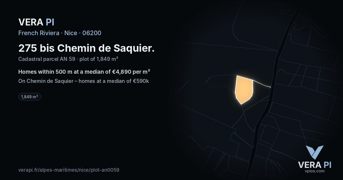 275 bis Chemin de Saquier, Nice at night – the plot lit, the parcels around coloured by the prices near them