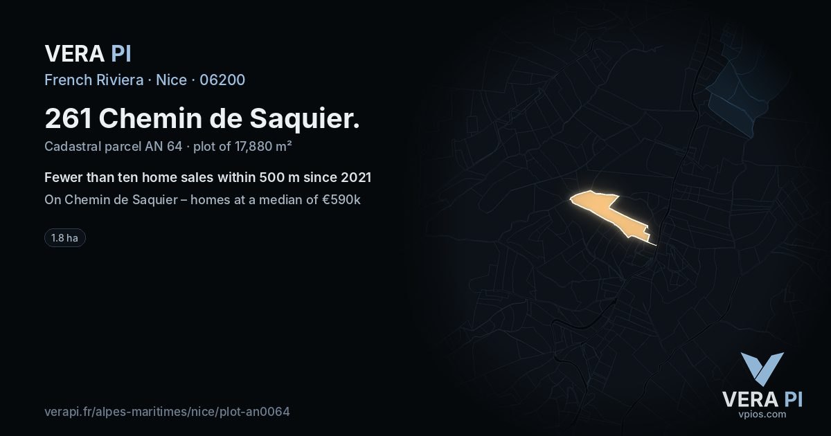261 Chemin de Saquier, Nice at night – the plot lit, the parcels around coloured by the prices near them