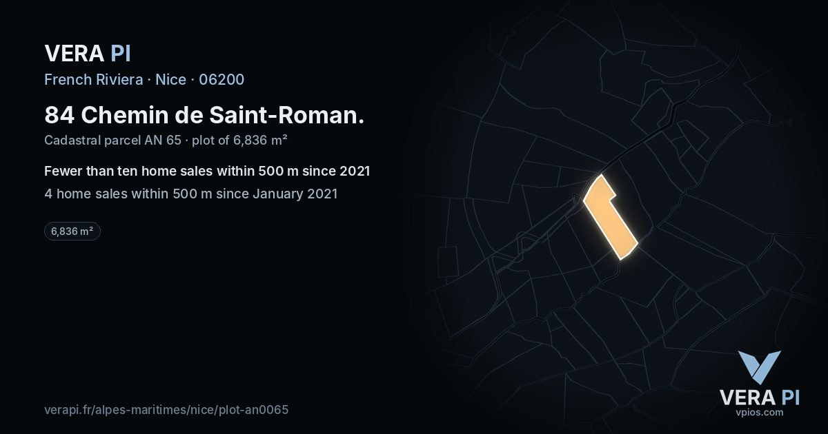 84 Chemin de Saint-Roman, Nice at night – the plot lit, the parcels around coloured by the prices near them