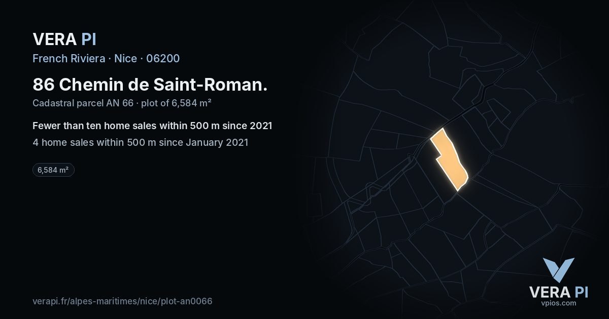 86 Chemin de Saint-Roman, Nice at night – the plot lit, the parcels around coloured by the prices near them