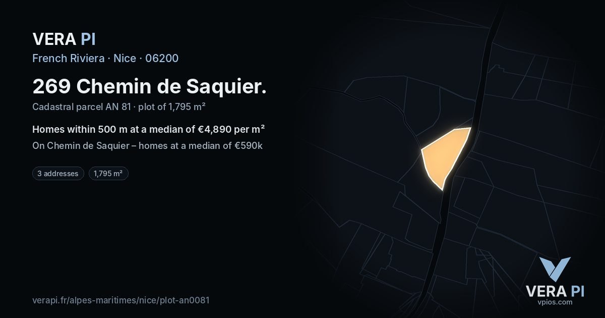 269 Chemin de Saquier, Nice at night – the plot lit, the parcels around coloured by the prices near them