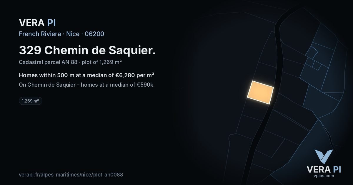 329 Chemin de Saquier, Nice at night – the plot lit, the parcels around coloured by the prices near them