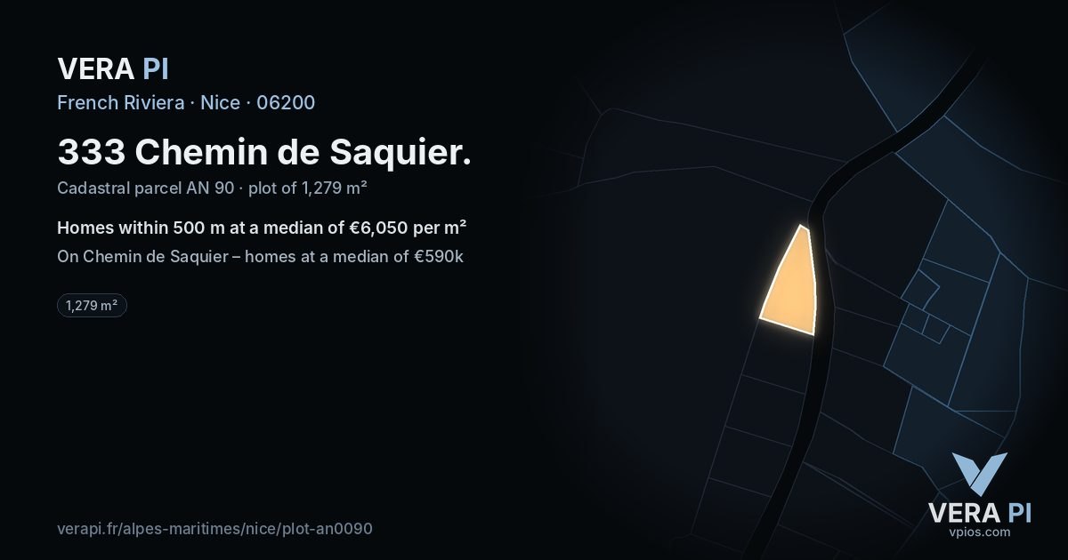 333 Chemin de Saquier, Nice at night – the plot lit, the parcels around coloured by the prices near them
