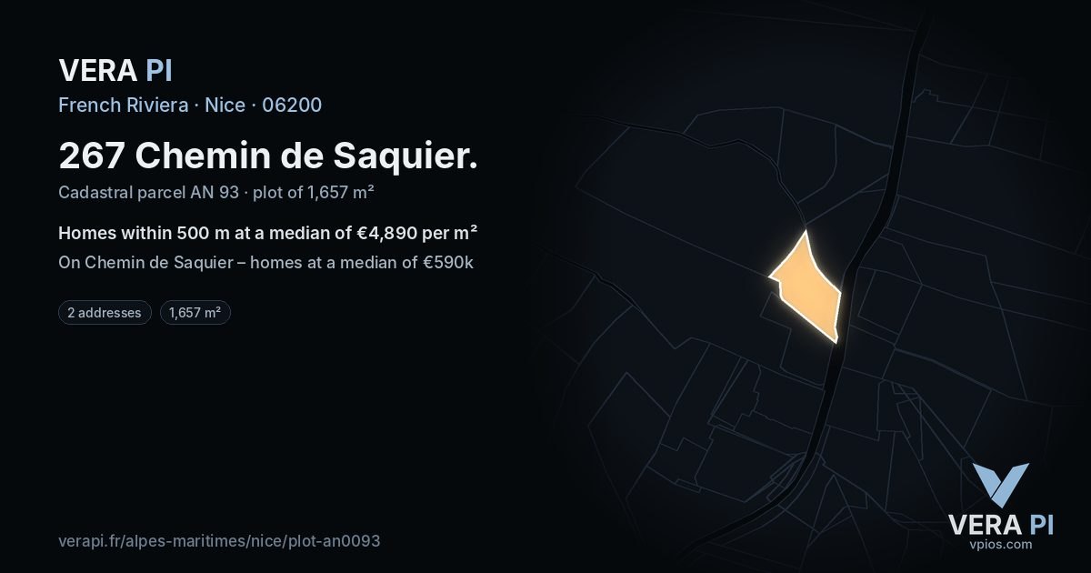 267 Chemin de Saquier, Nice at night – the plot lit, the parcels around coloured by the prices near them