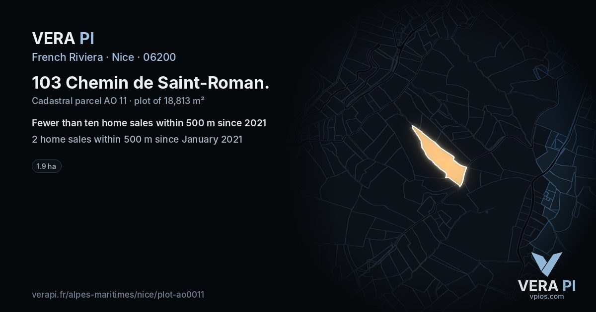 103 Chemin de Saint-Roman, Nice at night – the plot lit, the parcels around coloured by the prices near them