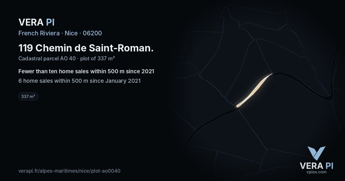 119 Chemin de Saint-Roman, Nice at night – the plot lit, the parcels around coloured by the prices near them