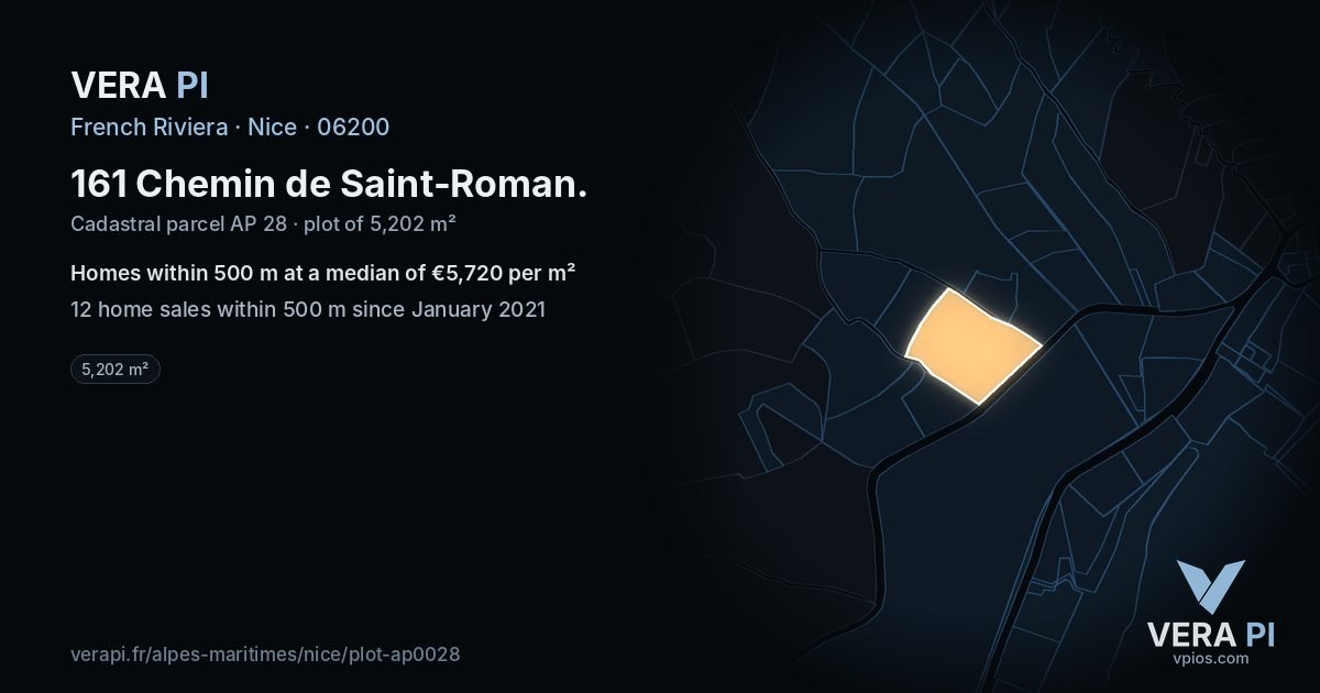 161 Chemin de Saint-Roman, Nice at night – the plot lit, the parcels around coloured by the prices near them