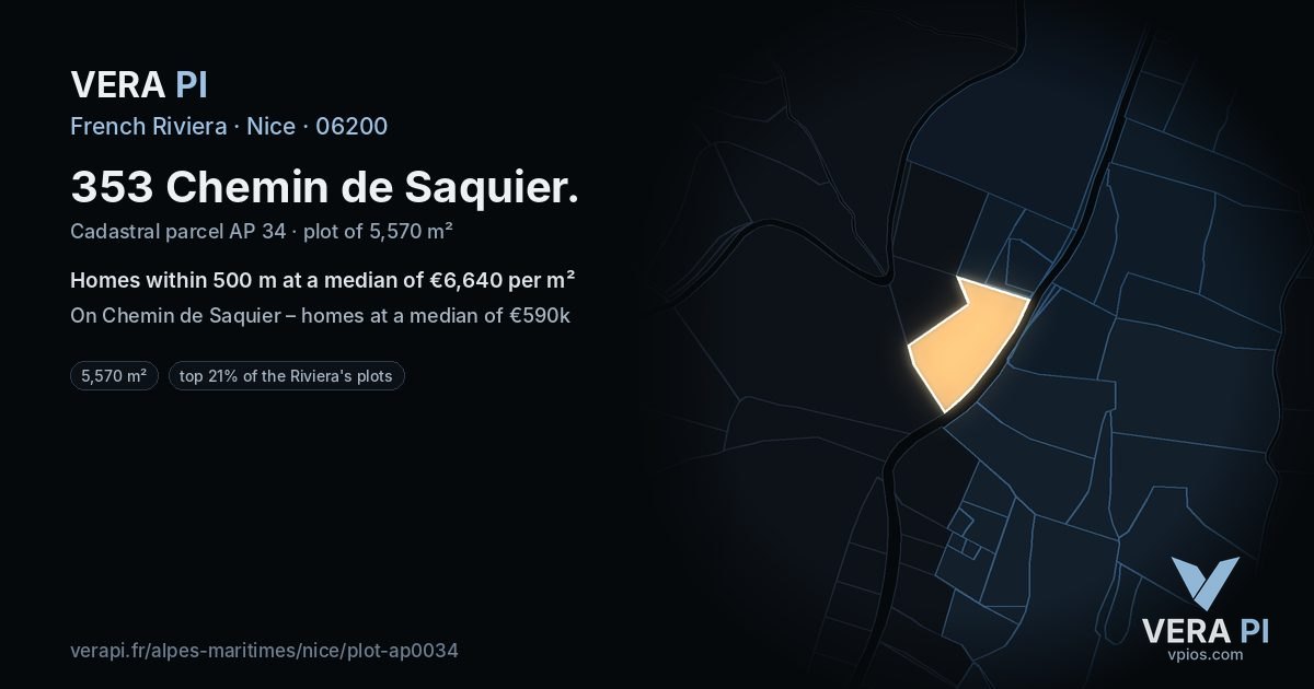353 Chemin de Saquier, Nice at night – the plot lit, the parcels around coloured by the prices near them